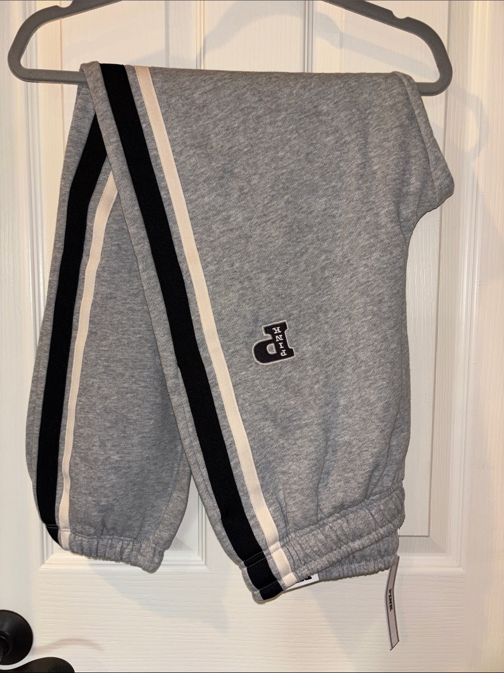 PINK Victoria's Secret Grey Kids Joggers with Black and Cream Side Stripes